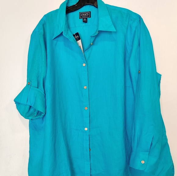Chaps Women's Button Up Coastal Top Blue 100% Linen - Picture 1 of 5